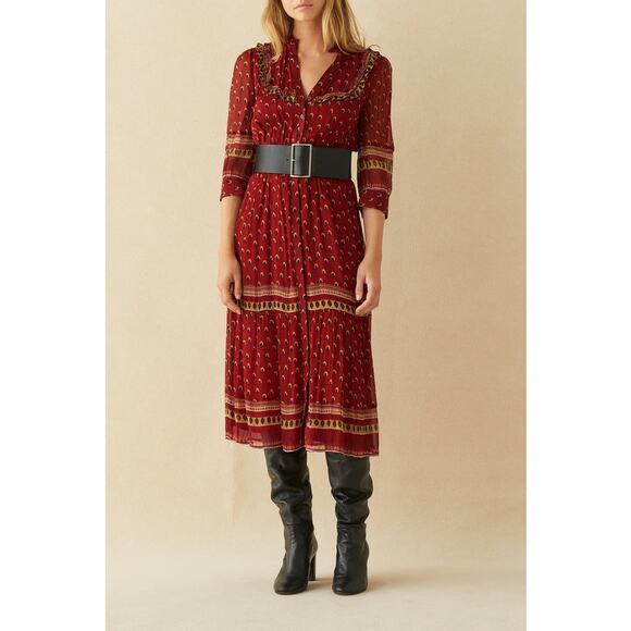 NWT BA&SH Bari Boho Print Gerogette Midi Dress in Carmin Sz 1 US 6 - Picture 1 of 12